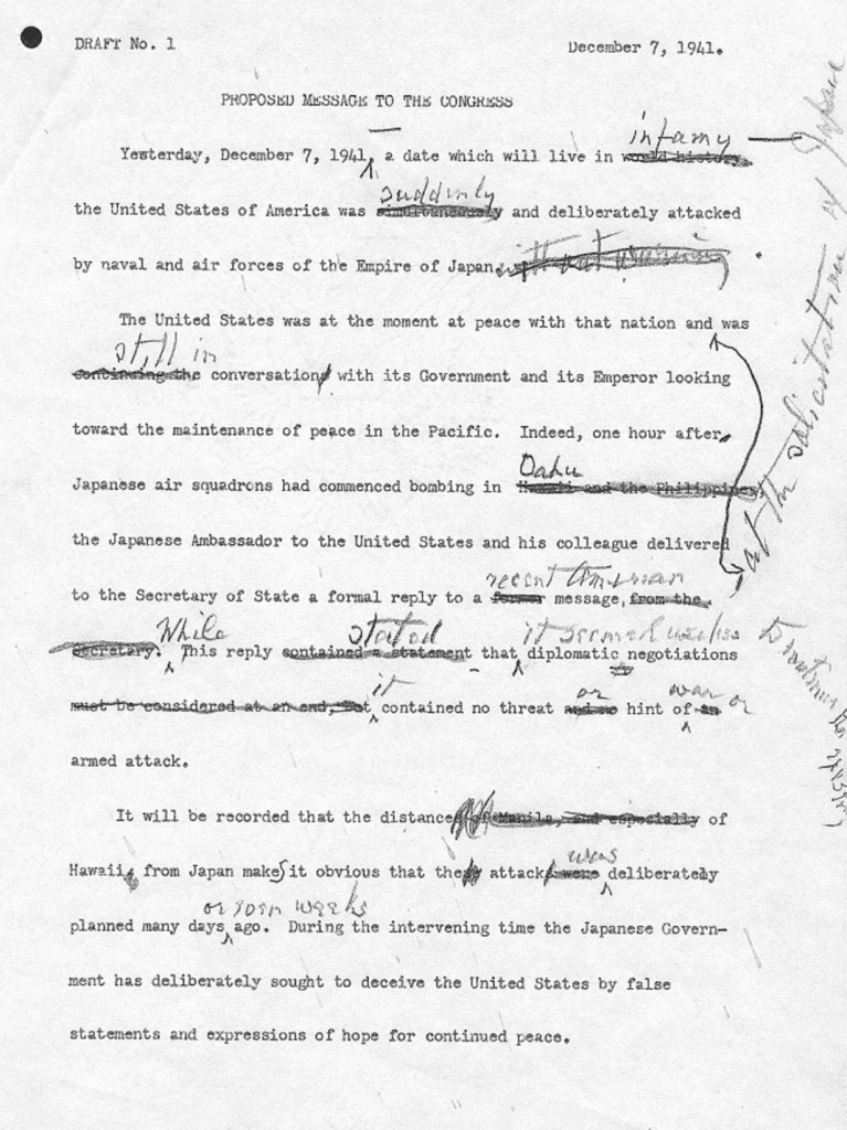 President Franklin Roosevelt's Message to Congress Pearl Harbor